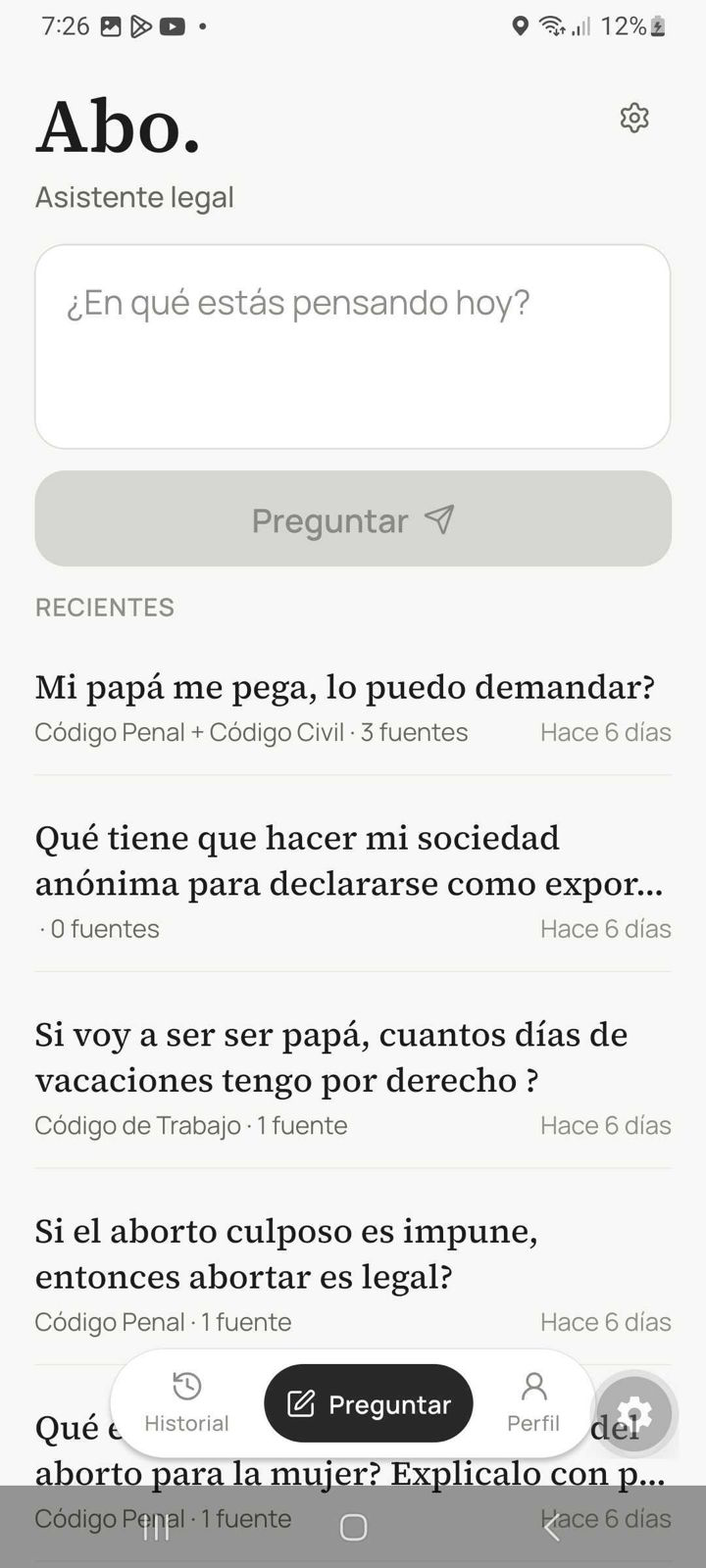 Pantalla principal de Abo. con el campo de pregunta